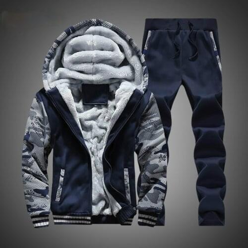 Tracksuit Men Winter Camouflage Hoodies Casual Hooded Warm Sweatshirts Thick Fleece 2PC Jacket+Pant Men Moleton Masculino M-4XL