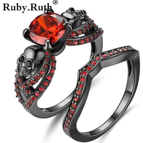 Skull Ring Set For Red Zircon Women Men Punk Style Jewelry Charm Black Round Cubic Zirconia Black Ring Sets Dropshipping