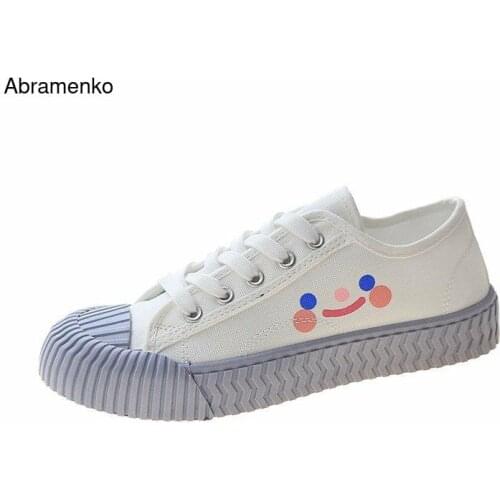 Creepers Shoes Women Lace-up Smiley Canvas Casual White Shoes Ladies Shallow Shoes Round Toe Zapatos Mujer Flats Size 35-40