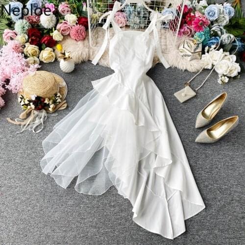 Neploe Sweet Ruffle Dress Women 2021 New Korean Solid Bow Tie Sling Dresses Femme Seaside Holiday Beach High Waist Vestidos