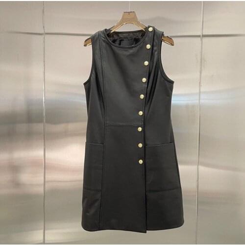 Spring Autumn Womens Designer High Quality Genuine Leather Sleeveless dress C046