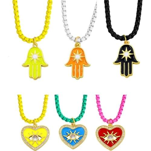 QMHJE Evil Eye Pendant Charm Necklace for Women Heart Hand Choker Painting Link Chain Candy Colors Yellow Neon Green Rose Black