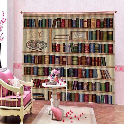 Luxury Custom 3D Stereoscopic Curtains Wooden Bookshelf Library Books Fabric Polyester Blackout Window Drapes Indoor Decor Sets