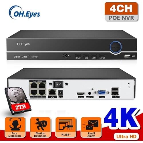 4ch 8MP POE NVR Face Recognition H.265+ 4K NVR Onvif Network Video Recorder 2 HDD24/7 Recording IP Camera Onvif P2P Sy