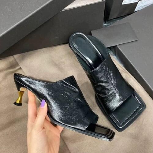 Square Toe Slippers Women High Heels Retro Brand Ladies Shoes Thin Heel Chaussures Femme Casual Slip-on Summer Shoes Woman 2020