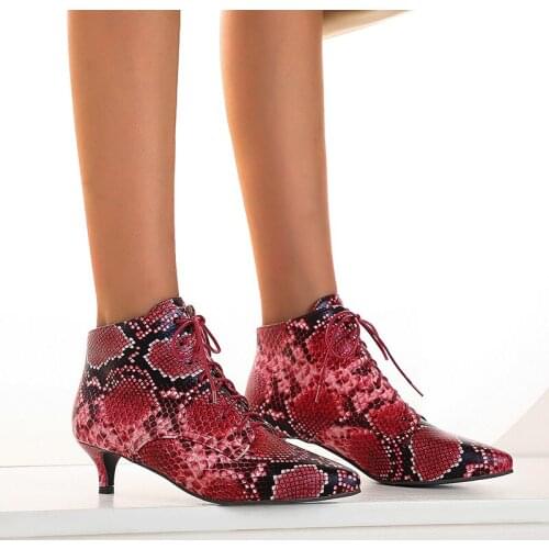 YQBTDL Autumn Winter Snake Print Lace Up Med Heel Stiletto Boots Female Pointed Toe Sexy Thin Heel Ankle Boot Pu Snakeskin Shoes