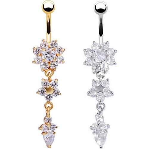 Kili Crystal Flower Dangle Navel Belly Button Ring Bar Body Piercing Jewelry