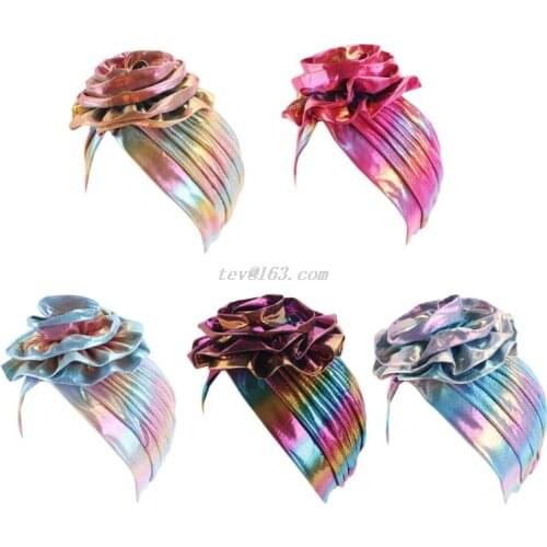 Women Hologram Metallic Rainbow Turban Hat Flower African Head Wrap Beanie Pre-Tied Elastic Bonnet Hair Loss Chemo Cap