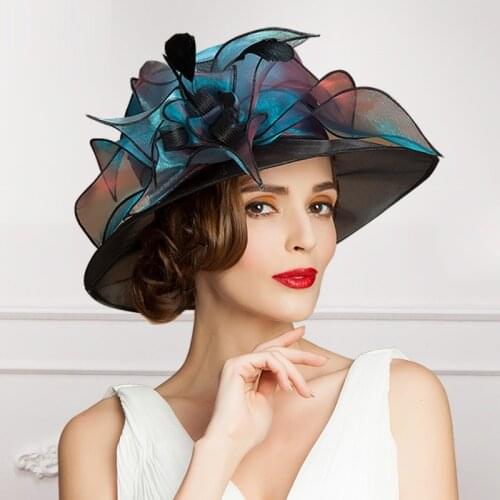 Lady Organza Fedoras Hat Elegant Wide Brim Organza Hat Women British Style Flower Decoration Feather Kentucky Derby Hat B-8204