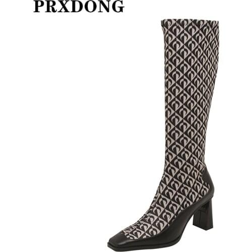 New Sexy Women Autumn Winter Stretch Boots Thick High Heels Square Toe Dress Party Shoes Woman Knee High Boots Black Size 34-40