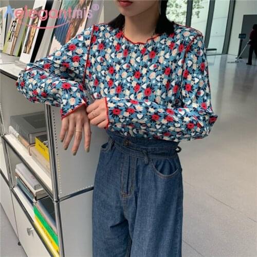 Aelegantmis Slim Floral Crop Top Women O Neck Long Sleeve Color Block Flower Blouse Spring Woman Print Blouse Korean Fashion New