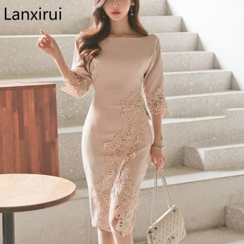 Spring Elegant Lace Sleeve Slash neck Long Mid-Calf Slim Dress Women Bodycon Formal Work Party Dress Office Lady