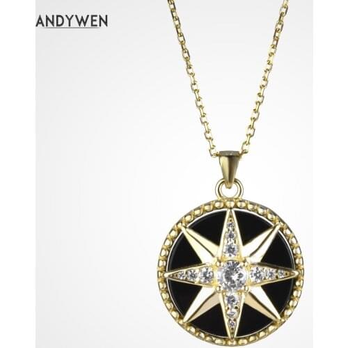 ANDYWEN 925 Sterling Silver Gold Compass Pendant Round Star Snowflower Necklace Black Enamel Long Chain Thin Women Jewelry
