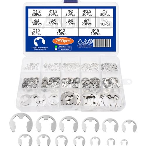 290Pcs E Clip Circlip Washer Assortment Kit Stainless / Alloy Steel Circlip External Retaining Ring for Shaft Fastener 1.2-15mm