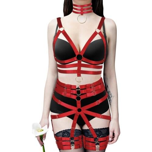BDSM Restraints 3 Pcs Set Harness Erotic Lingerie Neck Necklace Choker With Chest Bondage Cage Straps Garter Belt For Stockings