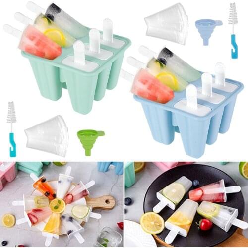 6 Hole Silicone Ice Lolly Moulds Ice Cream Mould Set Reusable Ice Pop Maker for Children DIY Frozen Popsicle Tray Holders