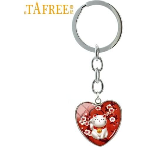 TAFREE Fashion Red Maneki Neko keychain Japan Japanese Lucky Cat Beckoning Cat jewelry key chain ring Welcoming Cat gift H97