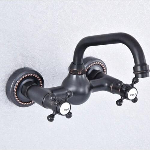 Oil Rubbed Bronze Two Cross Handle 2 Hole Wall Mounted Kitchen Bathroom Basin Faucet Sink Mixer Taps Swivel Spout 360' dsf722