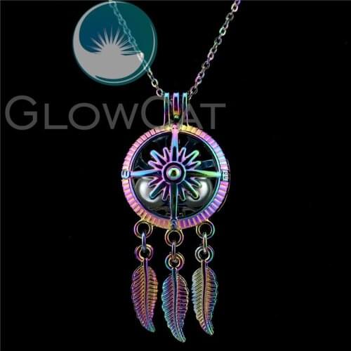C789 Rainbow Color Compass Dream Catcher Beads Cage Perfume Essential Oil Diffuser Oyster Pearl Cage Locket Necklace