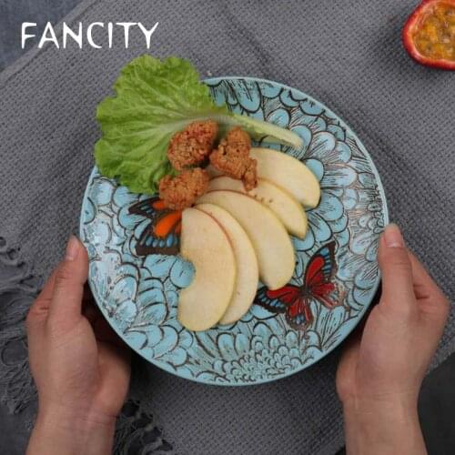 FANCITY Creative Aesthetic Retro Hand-painted Ceramic Plate Household Dish Plate Fruit Plate Decoration Hanging Plate Plate Art