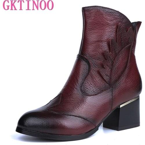 GKTINOO Vintage Casual Ankle Boots Women Shoes Genuine Leather Retro High Heels Ladies Shoes Botas Mujer Boots Female Booties