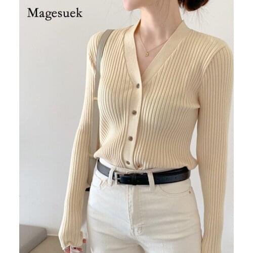 Korean Fashion Autumn Winter 2021 Knitted Cardigan Womens V-Neck Long Sleeve Sweater Coat Elegant Office Lady Tops Blusas 17213