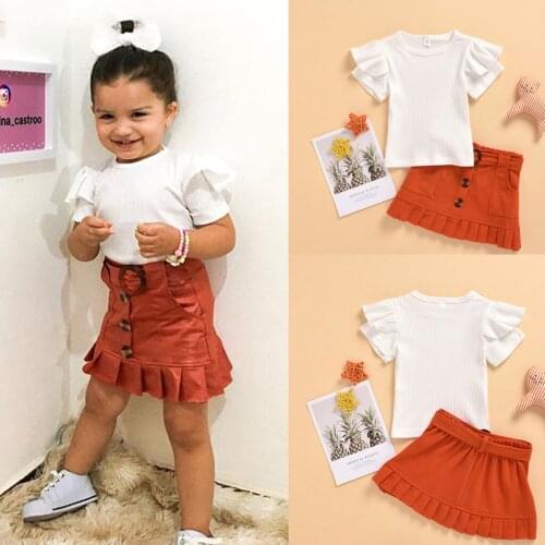 Summer Toddler Infant Kids Baby Girls Clothes Solid Colors Ruffle Short Sleeve T shirt Tops+Pleated Button Skirts Outfits Set#g4