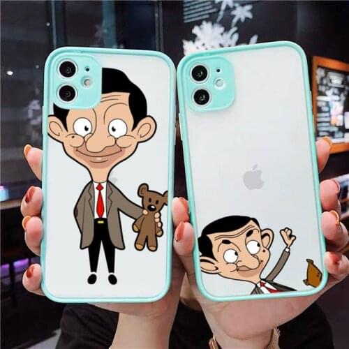 Mr.Bean cute funny cartoon Phone Case For iPhone 12 11 Mini Pro XR XS Max 7 8 Plus X Matte transparent blue Back Cover