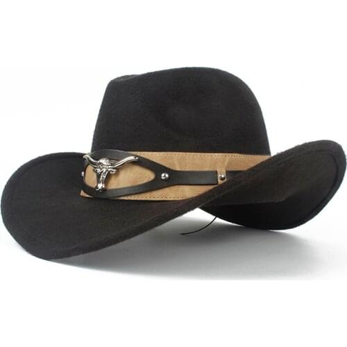Fashion Wool Women Men Hollow Western Cowboy Hat Roll-up Wide Brim Gentleman Jazz Sombrero Hombre Cap Size 56-58CM With Cow Belt