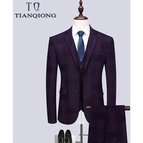 TIAN QIONG 2019 New Luxury Suit 3 Piece Mens Blue Plaid Suit Suits with Pants Classic Wedding Business Slim Fit Party Suit Men