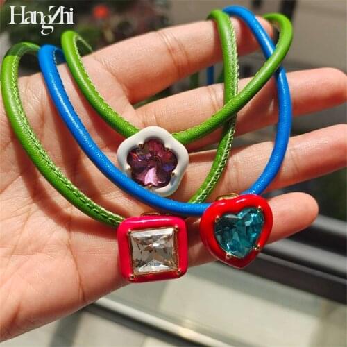 HangZhi 2021 New Colorful Leather Rhinestone Heart Flower Zircon Choker Clavicle Necklace Geometry for Women Girls Party Jewelry