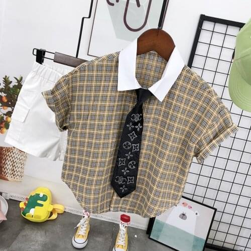 2021 Summer New Childrens Boys Plaid Shirt Suit Korean Style Kids Boys Short-sleeved Casual Turn Down Collar Shirt Baby Sets