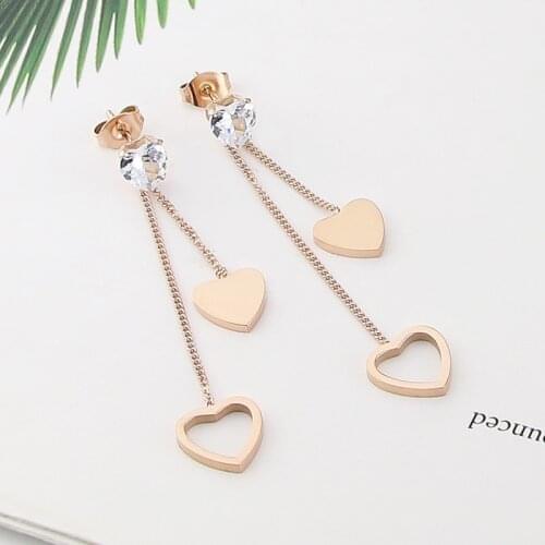 New fashion crystal peach heart tassel long double earrings helix titanium steel rose gold heart-shaped earrings jewelry wholesa