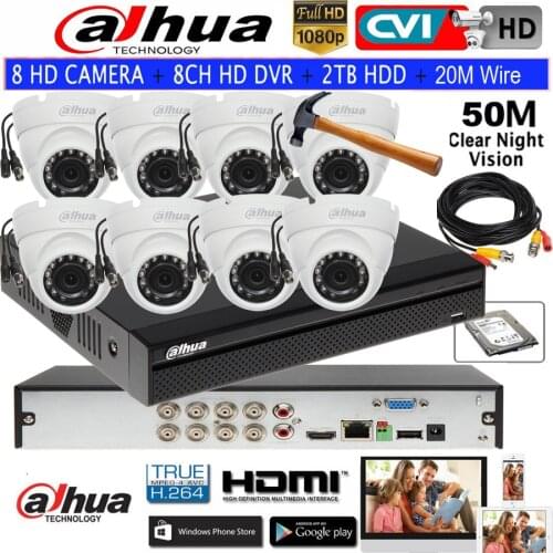 Original Dahua 8Ch HD Surveillance CCTV 1080P DVR DH-XVR5108HS-X security System with 8ch 1080P IR 20M outdoor HDCVI Dome Camera