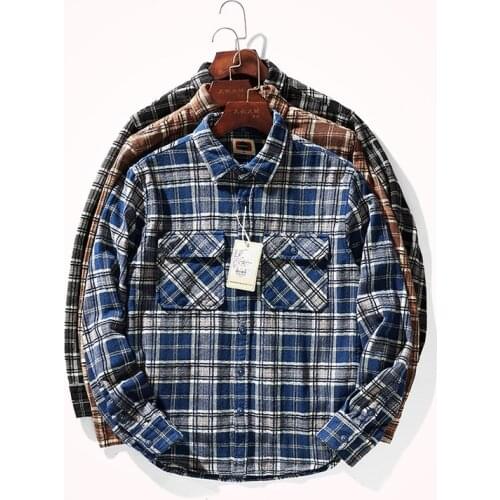 Autumn Winter Japanese Retro Flannel Tooling Plaid Shirt Jacket Mens Pure Cotton Thick Multi-pocket Long Sleeved Lapel Blouses