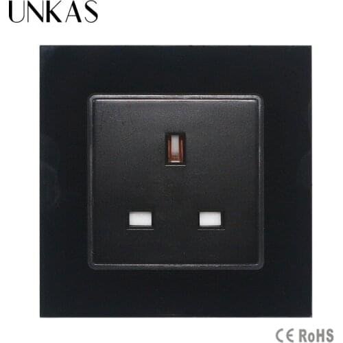 UNKAS Free Shipping Black Tempered Crystal Glass Panel New UK Standard Socket Wall Outlet Plug Hot Sale In RU