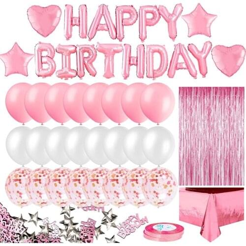 Pink girl party happy birthday banner, striped curtain tablecloth heart star foil confetti balloon women birthday party