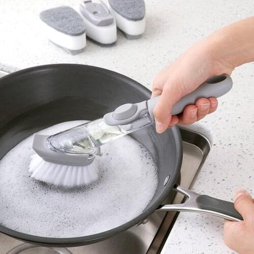 Basedidea Kitchen Cleaning Brush Long Handle Dish Bowl Washing Brush with Sponge Can Refill Liquid Soap Dispenser Cleaner