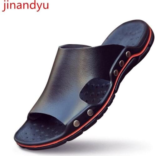 Big Size 48 Mens Slippers Genuine Leather Slides Summer Sandal Men Slippers Casual Comfy Black White Slipper Sandale 2021