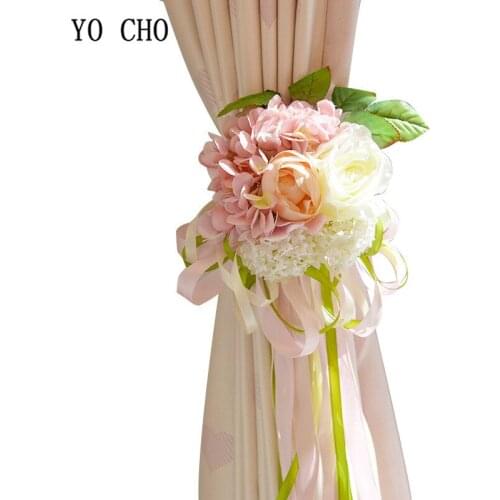 YO CHO Pink Hydrangea Peony Artificial Flowers Ribbon Blue Red Rose Decor for Home Wedding House Silk Decorative Flower Bouquet