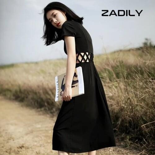 ZADILY Gothic Short Sleeve Women Midi Dress Y2K Street Style Hollow Out Cotton Solid Black Dresses 2021 Sumemr Party Dress