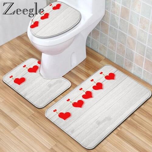 Zeegle 3Pcs Bathroom Rug Set Absorbent Anti-slip Bathroom Carpet Shower Rug Love Printed Toilet Mat Lid Cover Carpet Foot Mat