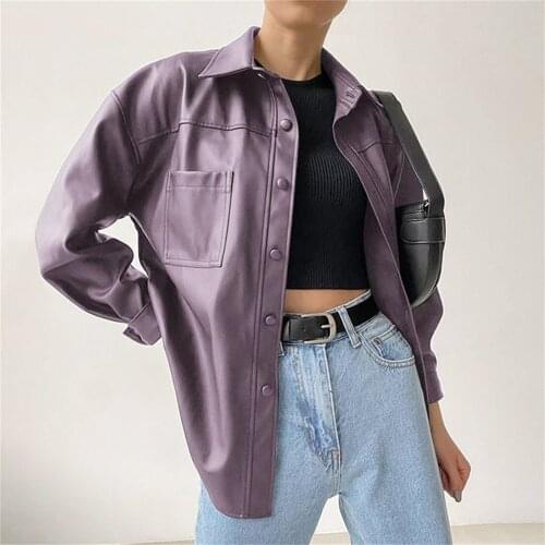 2021 Spring Autumn Womens Pu Leather Jacket Womens Motorcycle Coat Motor Biker Jacket Black Small Leather Lapel Top Outerwear