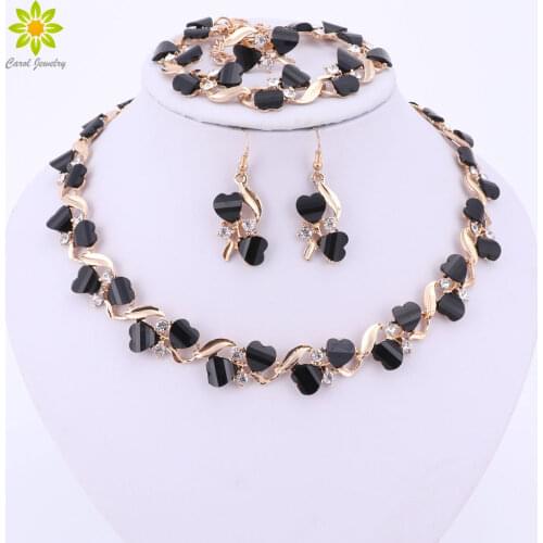Women Party Bridal Fine Crystal African Beads Jewelry Sets Heart Shape Resin Necklace Ring Bracelet Earrings Sets