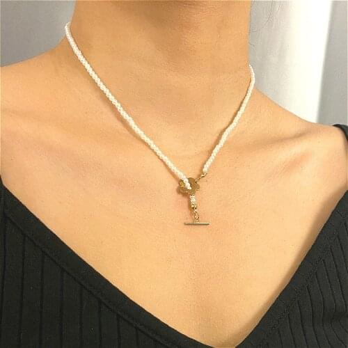 Trendy Beaded Simulated Pearl Necklace For Women Elegant Gold Color Flower Choker Necklaces Jewelry Accessories Collier Femme