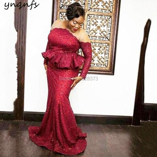 YNQNFS Burgandy Bling Sequins Ruffles Long Sleeve Maxi Mother of the bride Dresses Plus Size Robe Vestidos MD304
