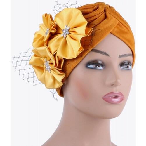 African Headtie 2021 Lastest Feather Flower Turban Bonnet For Women Muslim Headscarf Caps Wedding Party Headwear Turbante Mujer