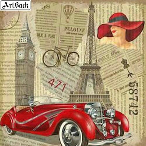 Diamond painting red car tower clock tower stamp sticker 5d full square round diamond mosaic crafts new 12 style decoration