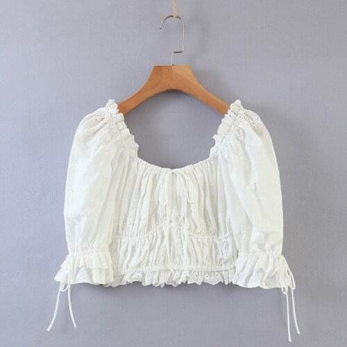 White puff sleeve blouse korean sexy blouse women 2020 elegant blouse lace up vintage embroidery blouses ruched streetwear