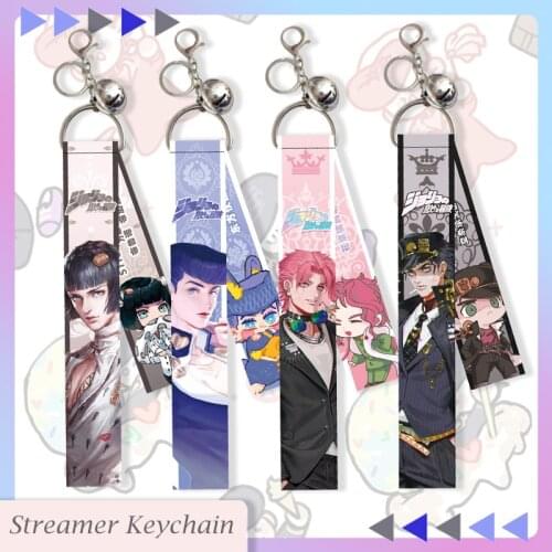 Popular Anime JoJos Bizarre Adventure Streamer Keychain Fashion Bag Charm Accessories Personality Ribbon Bell Car Key Chain Ring